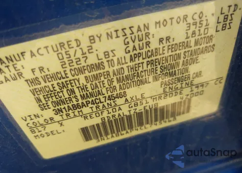 2012 Nissan Sentra 2.0 Sr z USA, uszkodzony, nr VIN 3N1AB6AP4CL745468